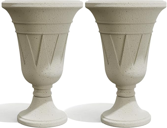 Tall Plastic Urn Planters for Outdoor Plants Set of 2-23.6" H Classic Trophy Design Indoor Large Flower Pots with Drainage Holes, Outdoor Planters for Porch Decor/Garden Vase, Off-White