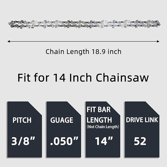 2 Pack 14 Inch Chainsaw Chain 52 Drive Links, .050" Gauge, 3/8" LP pitch, 14-Inch Replacement Chainsaw Chains Fits Craftsman, Echo, Poulan, Ryobi, Worx and More