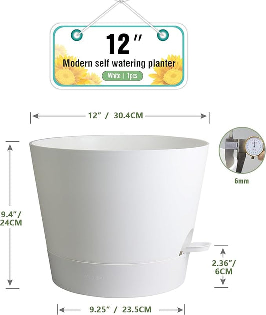 12 inch Large Self Watering Pots for Indoor Outdoor Plants, Flower Plant Pots with Mesh Drainage Holes for Garden House, Plastic Planters with Reservoir for Home, White
