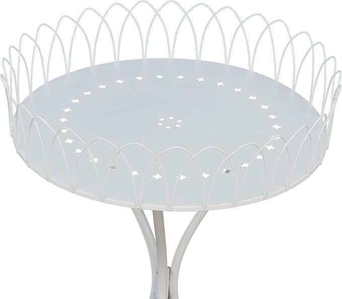 White Round Tabletop Plant Stand, French Vintage Metal Flower Pot Riser with Ornate Edge Detailing, Centerpiece Garden Decor