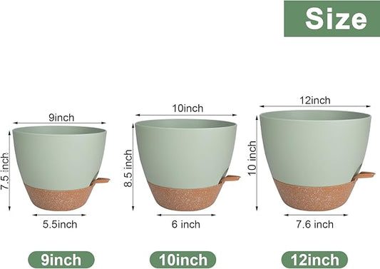 Plant Pots, Self Watering Planters for Indoor Plants with Drainage Hole, Plastic Flower Pot for Succulents, African Violet (Green, 12/10/9)