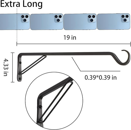 2 Pack Extra Long 19 Inch Heavy-Duty Rust-Resistant Solid Steel Plant Hangers and Bird Feeder Hangers for Indoor and Outdoor Decor, Wall Hooks