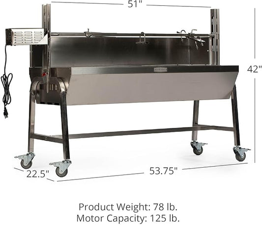 TITAN GREAT OUTDOORS Ash & Ember 25W Stainless Steel BBQ Rotisserie Grill with High Efficiency Windscreen, 4 RPM Rotation Speed, Rated 125 LB for Large Game, Portable Electric Outdoor Roaster