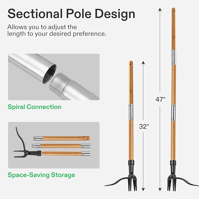 VIVOSUN 47" Weed Puller, Stand-Up Weed Puller Tool with Bamboo Handle & 4-Claw Steel Head, Sectional Pole Design, Easy Weeding Without Pulling, Bending, or Kneeling