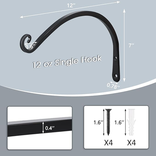 Gtongoko 2 Pack 12 Inch Plant Hangers Outdoor Metal, Plant Hooks for Wall Indoor, Outdoor Hooks for Hanging Bird Feeders, Plant Bracket, Lanterns, Wind Chinme, Black
