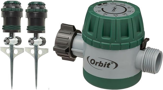 Generic Mechanical Water Timer with 2‑Pack H2O‑6 Gear‑Drive Sprinklers – Timed Watering up to 120 Minutes & Adjustable Spray Patterns