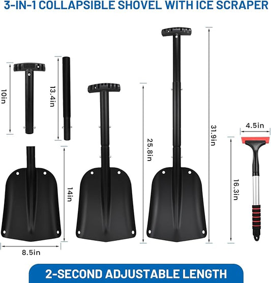 Snow Shovel & Ice Scraper Set – 32in Collapsible Snow Shovel with Folding Aluminum Shaft, Compact Heavy Duty 75lb Shovel + Silicone Ice Scraper with EVA Handle for Car, Travel & Outdoor Winter Use