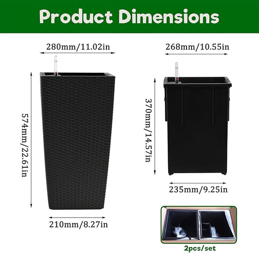 2 Pack Tall Planters for Indoor or Outdoor Plants, Self-Watering Pots with Drain Holes, 22-Inch High Faux Rattan Design Modern Tall Square Planter Box for Porch, Patio, Backyard (Pack of 2, Black)