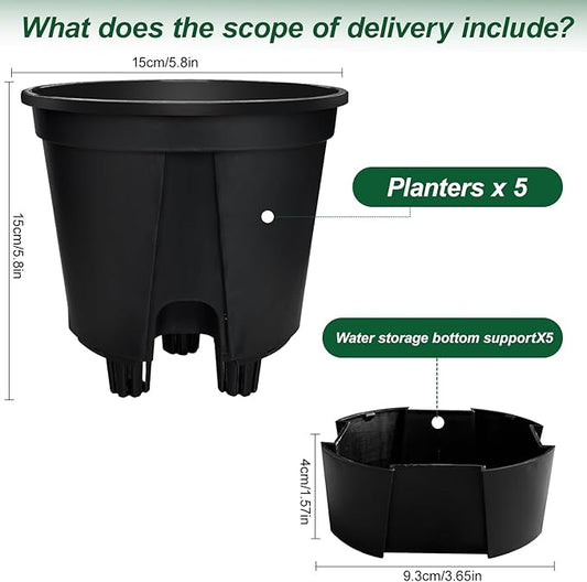 Cdd's Path 5-Pack 6 Inch Self Watering Pots Set with Holes for Indoor/Outdoor Plants,Planter Pot with Watering Hole/Reservoir and Air Pipes,Black