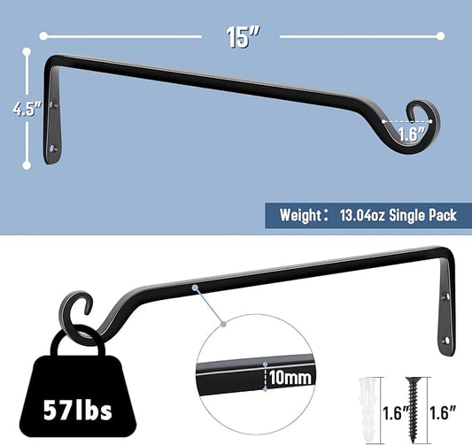FEED GARDEN 15 Inch 2 Pack Hand-Forged Hanging Plant Bracket Heavy Duty Metal Plant Hangers for Outdoor Hanging Bird Feeders Lanterns Wind Chimes Black