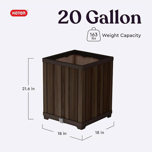 Keter Signature 21.6 Inch Tall Square Large Wood Look Planter for Indoor or Outdoor Flower Pot Ideal for Patio Deck and Front Porch Decor, Rosewood