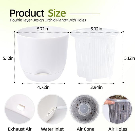 QCQHDU 2 Pack 5.7Inch Orchid Pots with Holes for Repotting, Double-Layer and Self Watering Orchid Pot with Good Air Circulation