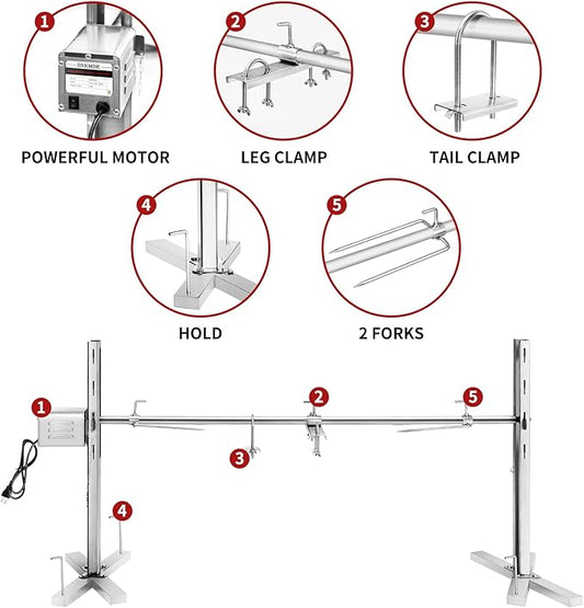 Rotisserie Grill Kit Stainless Steel Tripod Rotisserie Stand,52inch Pig Lamb Hooded Roaster Charcoal Spit with 15W Motor & Adjustable Height Lockable Casters for Outdoor Camping Party, Rated 90 LB