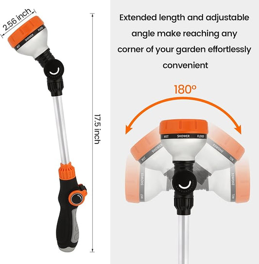 Watering Wand for Garden Hose, 17.5 Inch, 8 Spray Patterns, Garden Hose Nozzle with Thumb Flow Control, Adjustable Water Sprayer with Pivoting Head, Ideal for Hanging Baskets and Shrubs