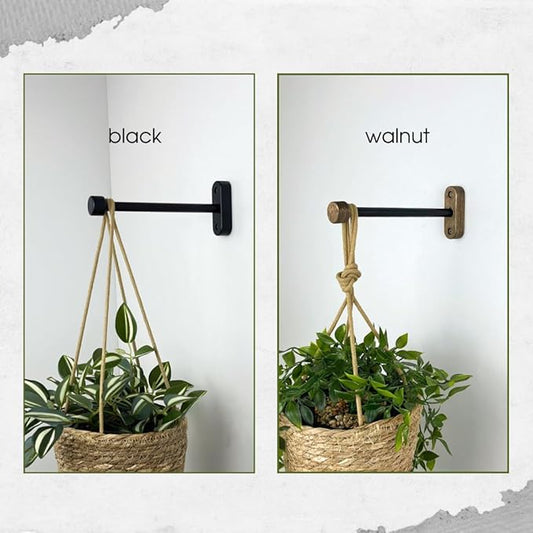 EvenWood 2-Piece Set of Wooden Plant Hooks for Wall with Sturdy Metal Tube - Plant Wall Hanger for Pots, Flower Brackets - Bracket Plant Hanger for Indoor and Outdoor Decorations (Walnut, 6 Inch)