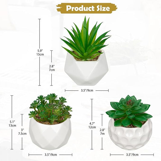Briful Artificial Succulents Plants in Ceramic Pots, 3 Pack Faux Succulent Set with White Geometric Planters – Modern Desk Decor for Home Office Shelf Bathroom, Small Fake Plants Potted