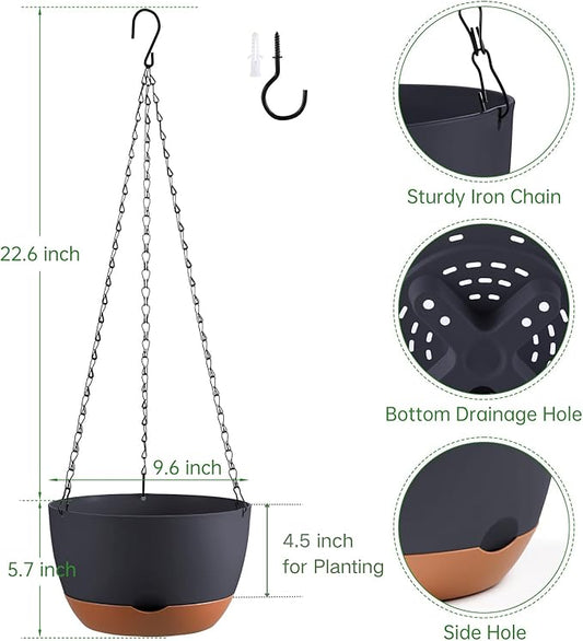 Set of 2 10 Inch Self Watering Hanging Planters for Indoor Outdoor Plants, Color Blocking Hanging Baskets Flower Pots with Drainage Hole & Removable Water-Storage Tray