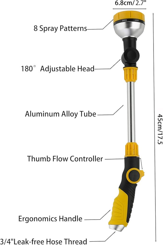 17.5" Gardening Watering Wand | 8 Spray Patterns & Thumb-Controlled Switch | 180° Rotating Long Nozzle| for Plants, Hanging Baskets and Shrubs, Pet Bathing, Wall Washing (yellow)