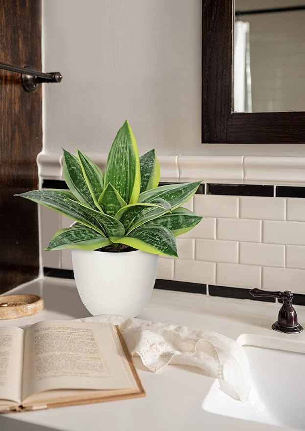 Hollyone Artificial Snake Plants 9" Faux Agave Succulent Plant Potted in White Pot Fake Sansevieria Aloe Tropical Plant for Desk Modern Office Home Bathroom Indoor Outdoor Decor
