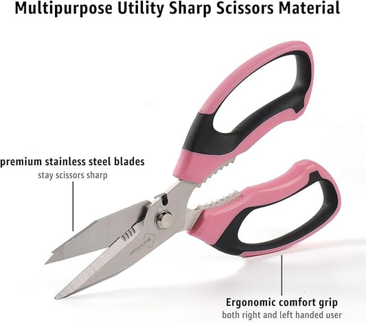 8-Inch Utility Scissors All Purpose Heavy Duty, Serrated Blade, Pink Comfort Grip for Cutting Carpet, Cardboard, Leather, Fabric, Multipurpose Sharp Shears for Kitchen, Garden, Office, Carft