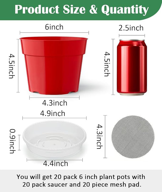20 Pack 6 Inch Plant Pots, Thickened Plastic Flower Pots with 20 Pcs Water Collecting Trays, 20 Soil Block Mesh Pads, Red