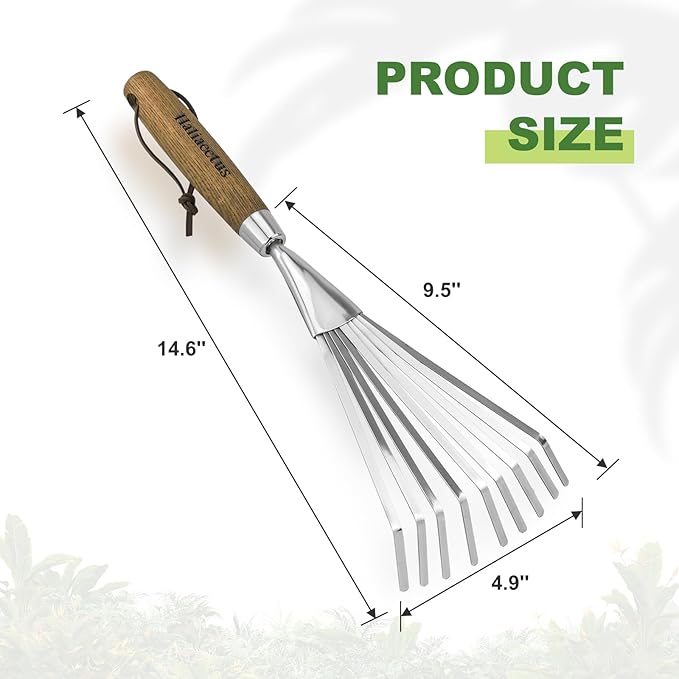 Haliaeetus Garden Hand Rake, 14.6'' Small Rake for Tight Areas, 9 Tines Stainless Steel with Ergonomic Wood Handle for Clearing Leaves and Loose Debris