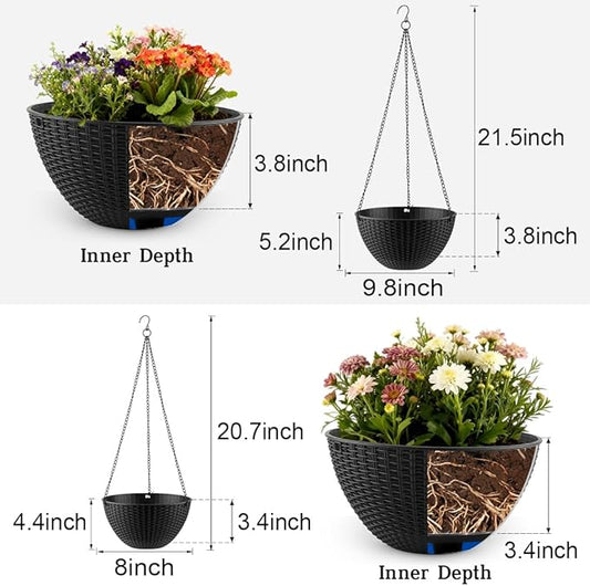 Hanging Planters for Indoor Outdoor Plants 8 and 10 Inch, 4 Packs Hanging Flower Pot with Drainage Holes, Self-Watering Hanging Basket Perfect for Home, Office and Garden, Black