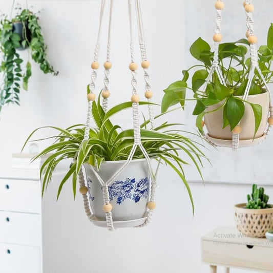 Macrame Plant Hanger, Hanging Planters for Indoor Plants Holder with Wood Beads, Hanging Plant Holder for Indoor Outdoor, Gifts for Plant Lovers, Boho Home Decor Plant Hanger, Ivory