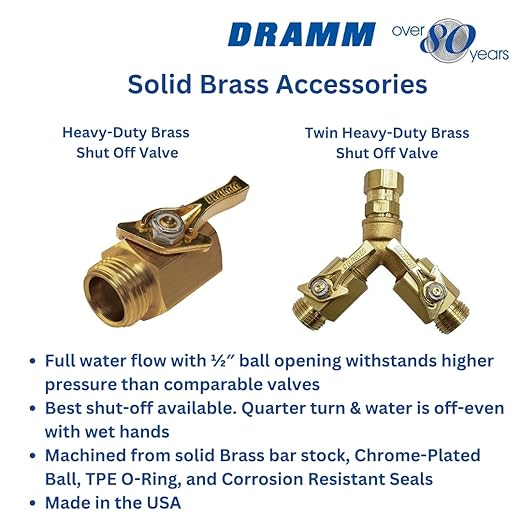 Dramm 35005 Heavy Duty Brass Twin Shut Off Valve – Full Water Flow, Quarter Turn Control, Corrosion-Resistant Seals, Swivel Connector – Solid Brass Garden Hose Adapter, Made in USA