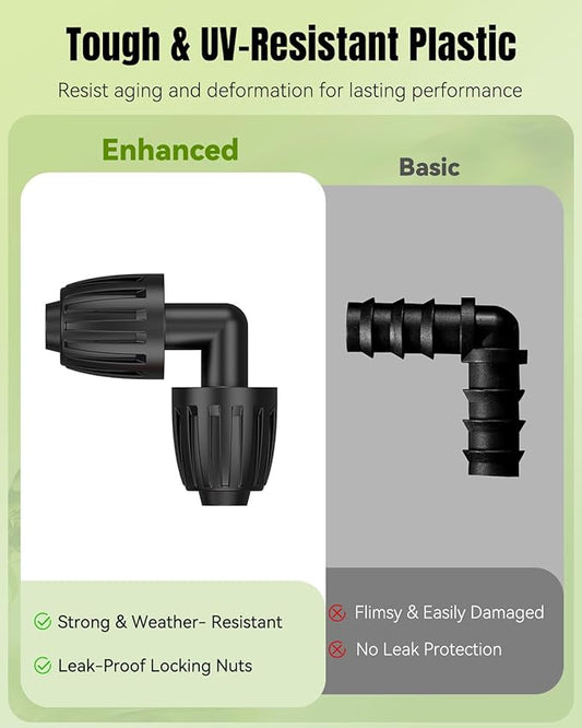 Pawfly 15 Pcs Drip Irrigation Fittings for 1/2 Inch Irrigation Tubing, Barbed Elbow Parts for Garden Irrigation System, 1/2" Drip Line Connectors with Anti-Drop Lock Nuts (1/2" ID x 0.64" OD)