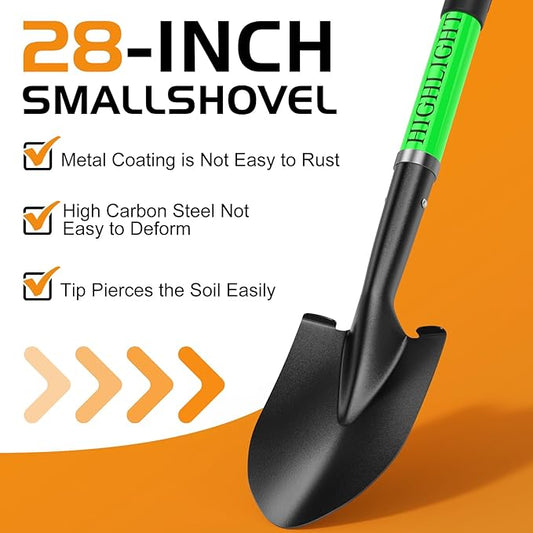 HIGHLIGHT Kids Shovel, Small Shovels for Digging, Overall Length 28 Inches, Mini D Handle, Gardening Shovel, Metal Beach Shovel, Camping, Snow, Fiberglass Handle, Green