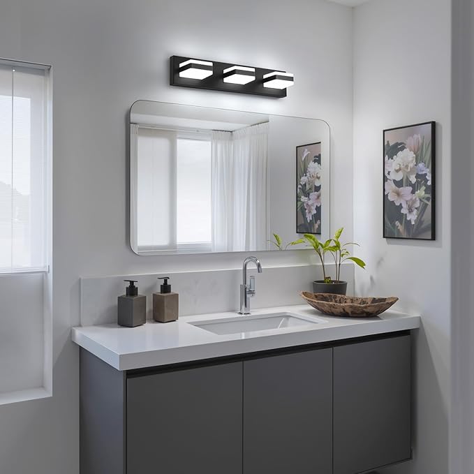 Bathroom Lighting Fixtures Over Mirror, 3 Light Bathroom Vanity Light Fixtures with Cool White 5000K, Matte Black LED Modern Vanity Wall Lights for Bath, Dressing Room, Restroom, 21.6 inch