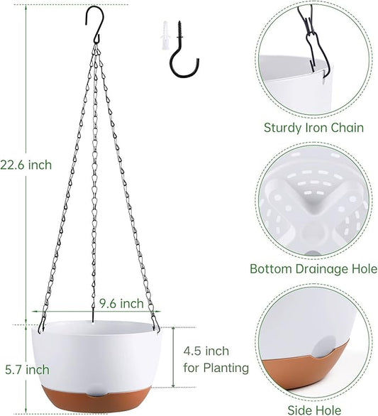 Set of 2 10 Inch Self Watering Hanging Planters for Indoor Outdoor Plants, Color Blocking Hanging Baskets Flower Pots with Drainage Hole & Removable Water-Storage Tray