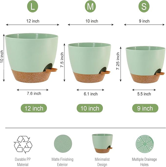 Large Self Watering Pots, 12/10/9 Plastic Planters with High Drainage Holes and Deep Reservoir for Indoor Outdoor Garden Plants and Flowers, Green with Brown