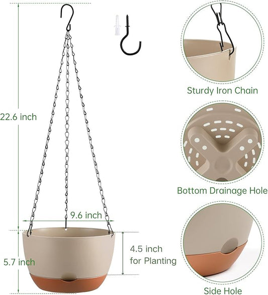 Set of 2 10 Inch Self Watering Hanging Planters for Indoor Outdoor Plants, Color Blocking Hanging Baskets Flower Pots with Drainage Hole & Removable Water-Storage Tray