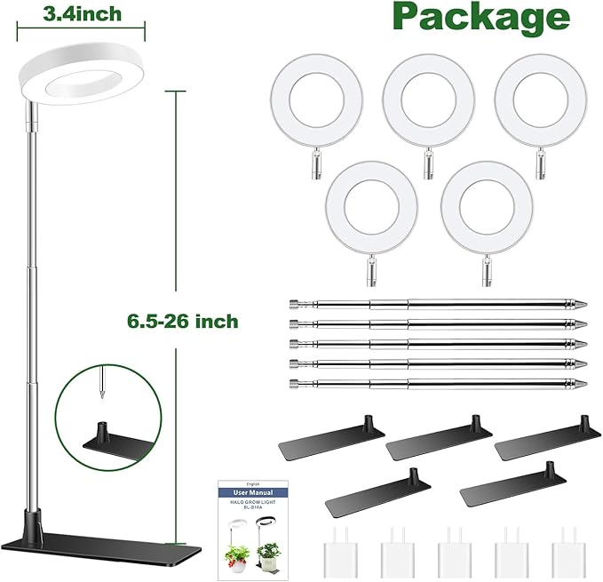 Grow Lights for Indoor Plants, Full Spectrum Small Halo Plant Grow Light with Base, 48 LED Growing Lamp 10 Levels Dimmable Auto On Off 3/9/12 Hrs Timer for Small Plants, White, 3.5in, 5 Pack