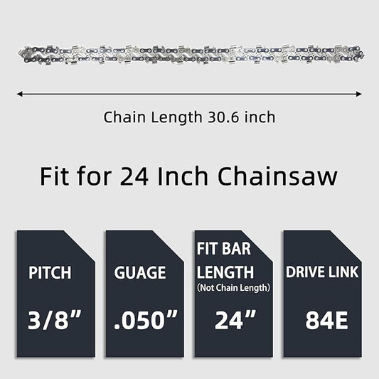 2 Pack Chainsaw Chain Bar Length 24 Inch .050" Gauge 3/8" Pitch 84 Drive Links, Replacement Chains Fit for Husqvarna 460, 460 Rancher, Stihl MS 260, Echo, Poulan, Makita (Chain Length 30.6")