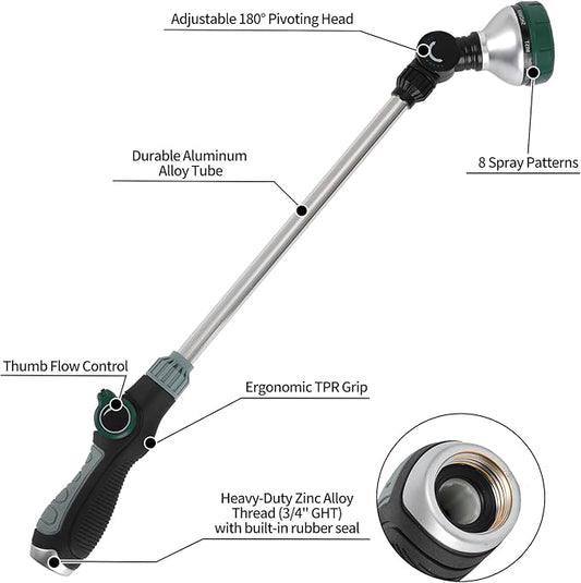 Watering Wand for Garden Hose, 24 Inch, 8 Spray Patterns, Garden Hose Nozzle with Thumb Flow Control, Adjustable Water Sprayer with Pivoting Head, Ideal for Hanging Baskets and Shrubs