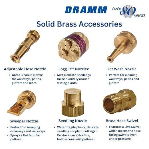Dramm 35009 Heavy-Duty Solid Brass Garden Hose Nozzle – Adjustable Cone to Jet Spray Pattern – High-Pressure Water Stream for Cleaning Walkways, Patios & Gutters – Made in USA