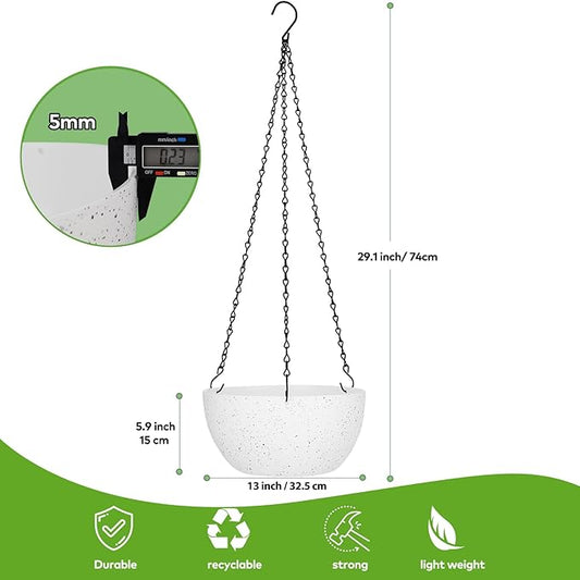 13 inch Hanging Planters for Indoor Outdoor Plants, 2 Pack Hanging Pots with Drainage Holes and Chain, Plastic Hanging Flower Pots for Garden Home Decor, Speckled White