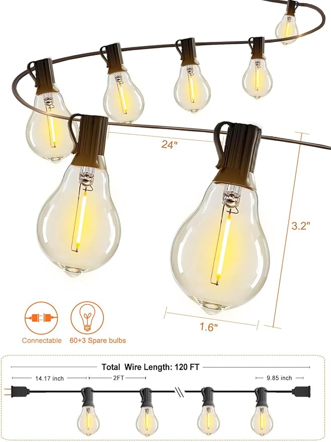 DAMAING Outdoor String Lights 120FT Waterproof Patio String Lights with 63 Shatterproof Dimmable A39 LED Bulbs, Connectable Outdoor Lighting for Backyard Porch Bistro and Balcony 2200K Black Cord