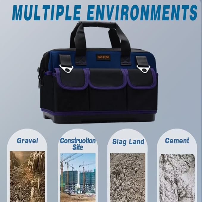 FASTECH 20in Heavy Duty Bottom Tool Bag With Wide Mouth For Tool Storage, Carrier and Organizer, Tote Bag For Men/Women, Wide Mouth Tools Bag With Inside Pockets (20 Inch)