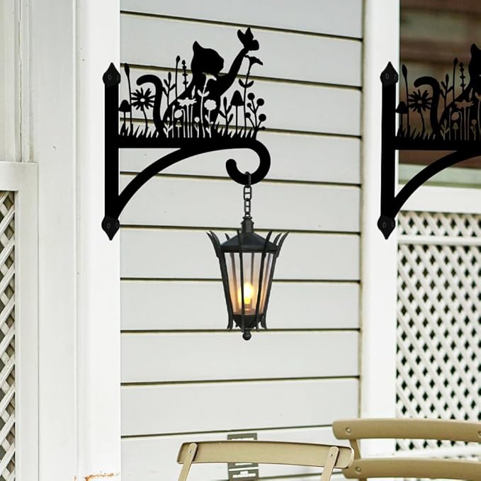 peacoblue Iron Plant Hangers Hooks for Outdoor Indoor Hanging Plants Flower Fern Pots Lantern Bird Feeder Wind Chimes, 12"x16" Cat and Flowers Weather Resistant Metal Wall Holder for Porch Farmhouse