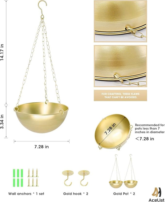 AceList 2 Pack Hanging Planter for Indoor Plants - Boho Metal Wall Planter 7.28 Inch with Hooks and Chins, Plant Hanger Decor for Window and Patio