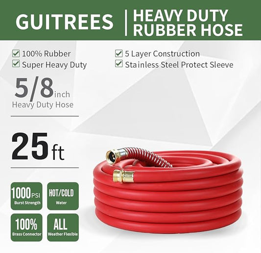 25FT 5/8 Heavy Duty Rubber Garden Hose - 200psi Working, 1000psi Burst - Hot/Cold Water - Five-Layered Braiding for Durability - Versatile for Gardening, Agriculture, Construction(Red)