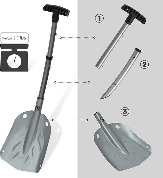 G2 Backcountry Lightweight Telescopic Avalanche Snow Shovel, Storage Down to 13 inch, Durable Aluminum Alloy Material, ABS Anti-Slip Proof Handle, Compact Storage Size (Grey)