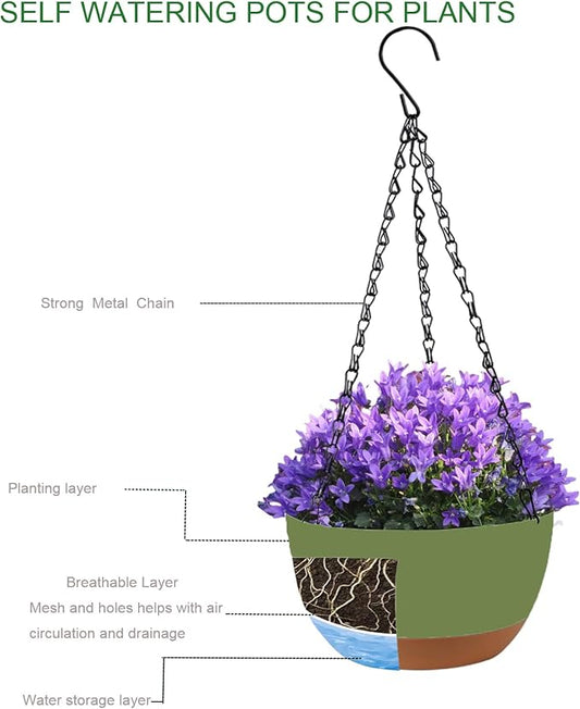 2 Pack 10 Inch Hanging Planters for Indoor Outdoor Plants, Plastic Hanging Basket Flower Plant Pots, Plant Self Watering Pot with Drainage Holes and Saucers for Garden Home (Green)