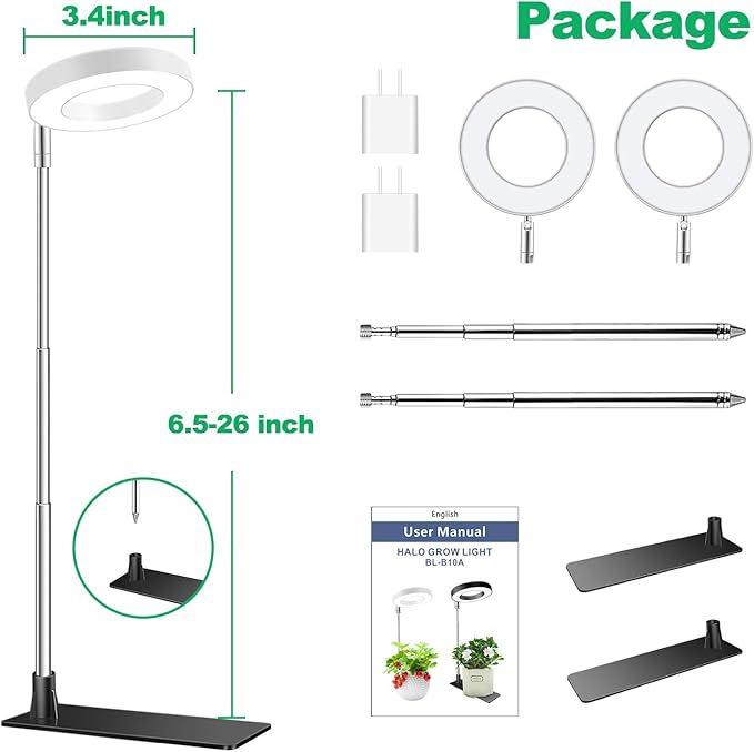 Grow Lights for Indoor Plants,Full Spectrum Plant Lights for Indoor Growing with 3/9/12H Timer, 3 Color Modes, 10 Brightness, 6.5"-26" Height Adjustable Small Grow Light, 2 Pack(3.4in)