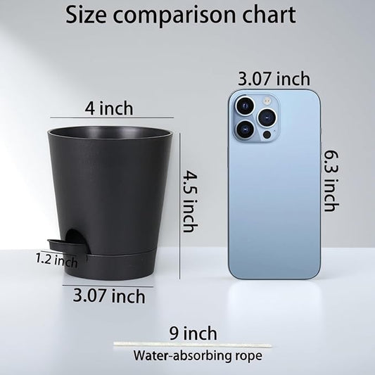 12 Pack 4 Inch Self Watering Plant Pots with Drainage and Saucers,Plastic Flower Pots for Indoor and Outdoor Plants, Nursery Planters for Houseplants and Herbs Black, 4 inch 12pcs