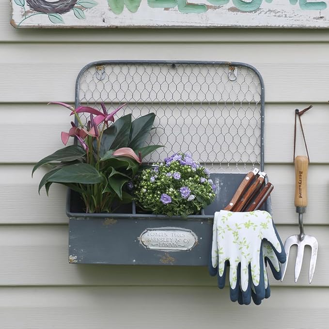 Vintage Metal Hanging Flower Pot Rustic Wall Mounted Planter with 3 Compartment Farmhouse Plants Holder Succulents Tubs for Garden Railing Fence Patio Yard Outdoor Decor Blue